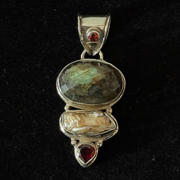 Vintage Green Labradorite(?) Garnet Pearl Pendant 925 Silver Setting - Picture 2 of 5